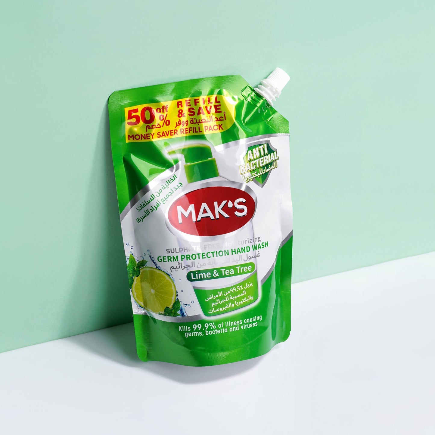 MAK’s Sulphate Free Anti Bacterial Handwash - Lime & Tea Tree (Pouch) 600ml
