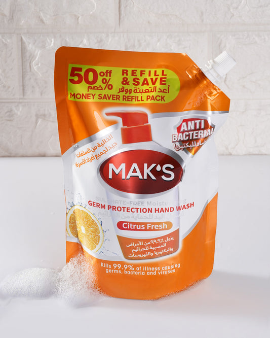 MAK’s Sulphate Free Anti Bacterial Handwash - Citrus Fresh (Pouch) 600ml